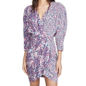 IRO Firenze Smocked Printed V Neck Long Sleeve Mini Dress Small Pink Blue Party